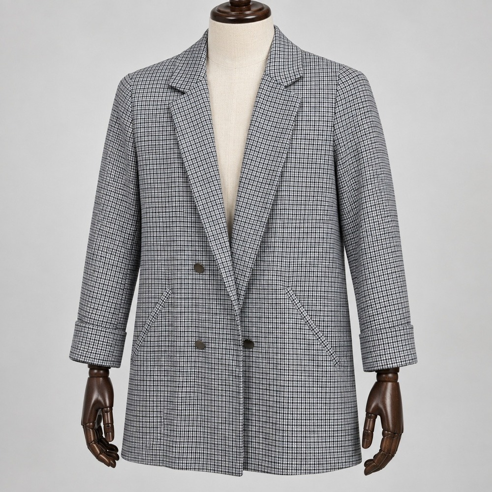 Pull&Bear Black White Micro Check Double Breasted Longline Blazer Womens Medium